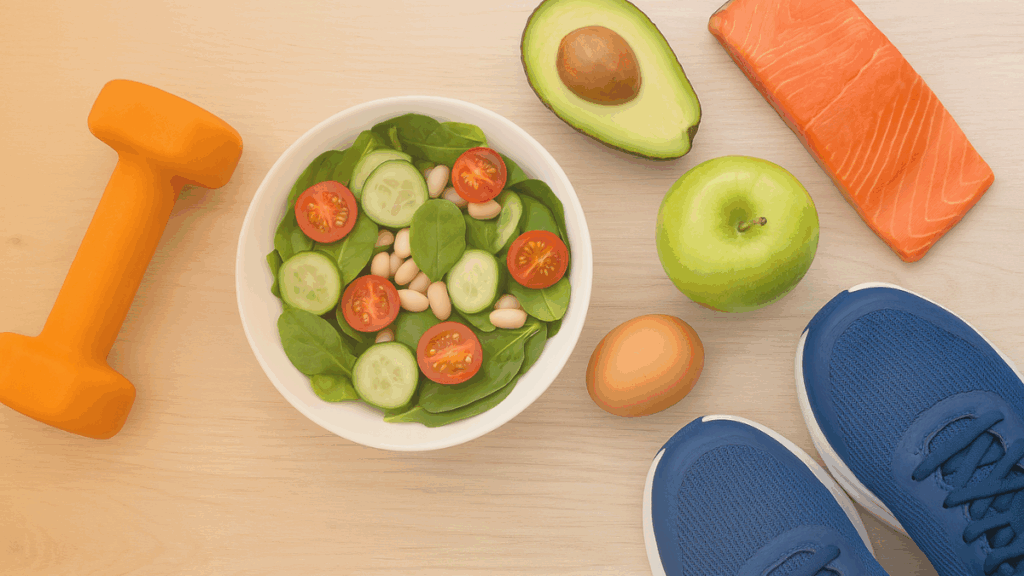 Flach gelegte Szene mit gesunder Ernährung und Bewegung: Auf einem hellen Holztisch liegen eine frische Salatschale, Lachs, Avocado, Apfel, Ei, eine Hantel und ein Paar Sportschuhe – Symbolbild für einen aktiven, nährstoffreichen Lebensstil bei Hashimoto.