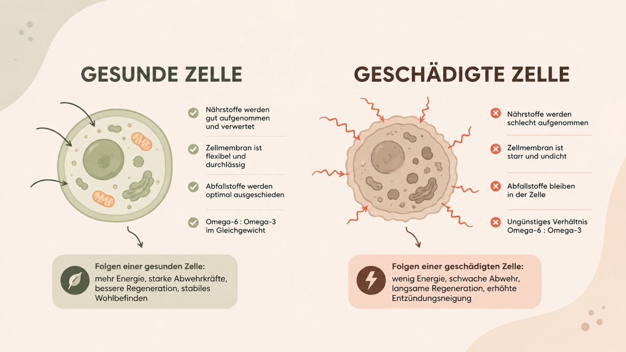 Vergleich gesunde und geschädigte Zelle bei Hashimoto: flexible vs. starre Zellmembran, Auswirkungen auf Nährstoffaufnahme und Entzündungen